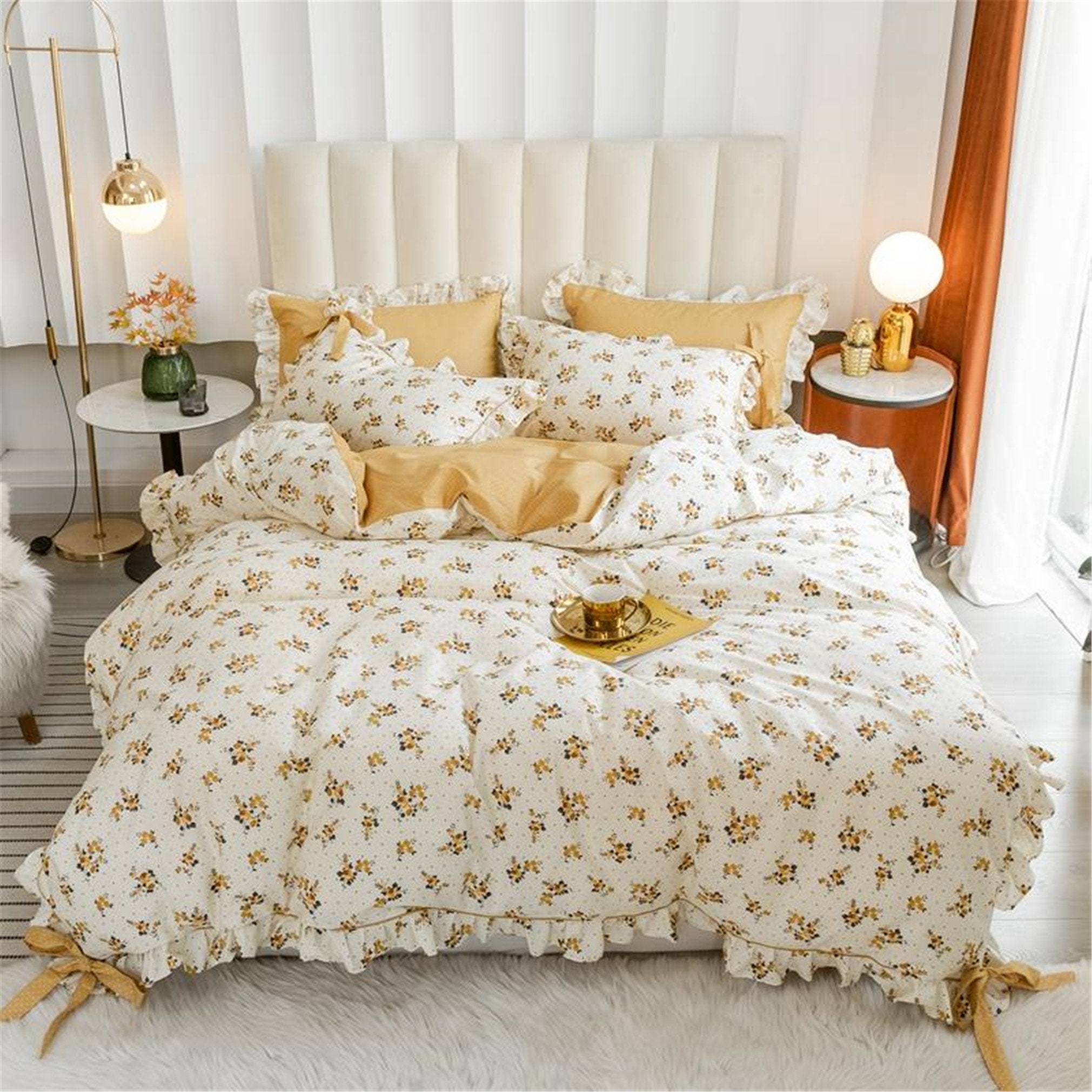 Yellow Polka Dots Ruffled Edge Bedding Sets Soft Floral Etsy