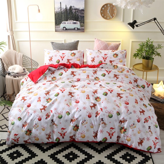 Red White, Queen Snowflake Bedding Red Christmas Duvet Cover Set White Snowflake Merry Christmas Design Kids Boys Girls Bedding Sets Queen 1 Duvet Cover 2 Pillowcases 