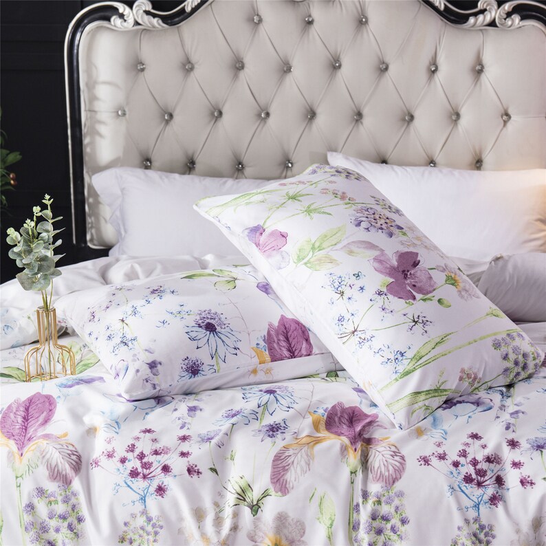 Lilac Flowers Duvet Set White Floral Duvet Cover With 2 Etsy