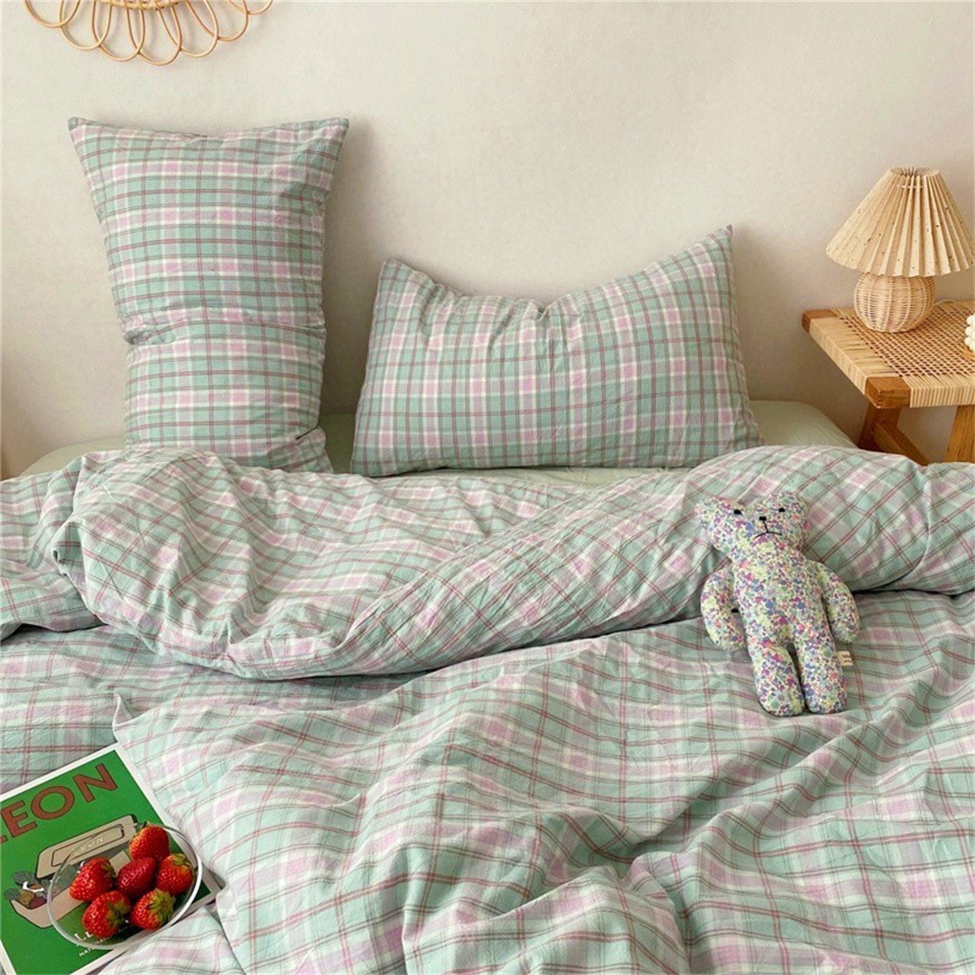 Lime Pink Plaid Bedding Sets 100 Cotton Cozy Duvet Etsy