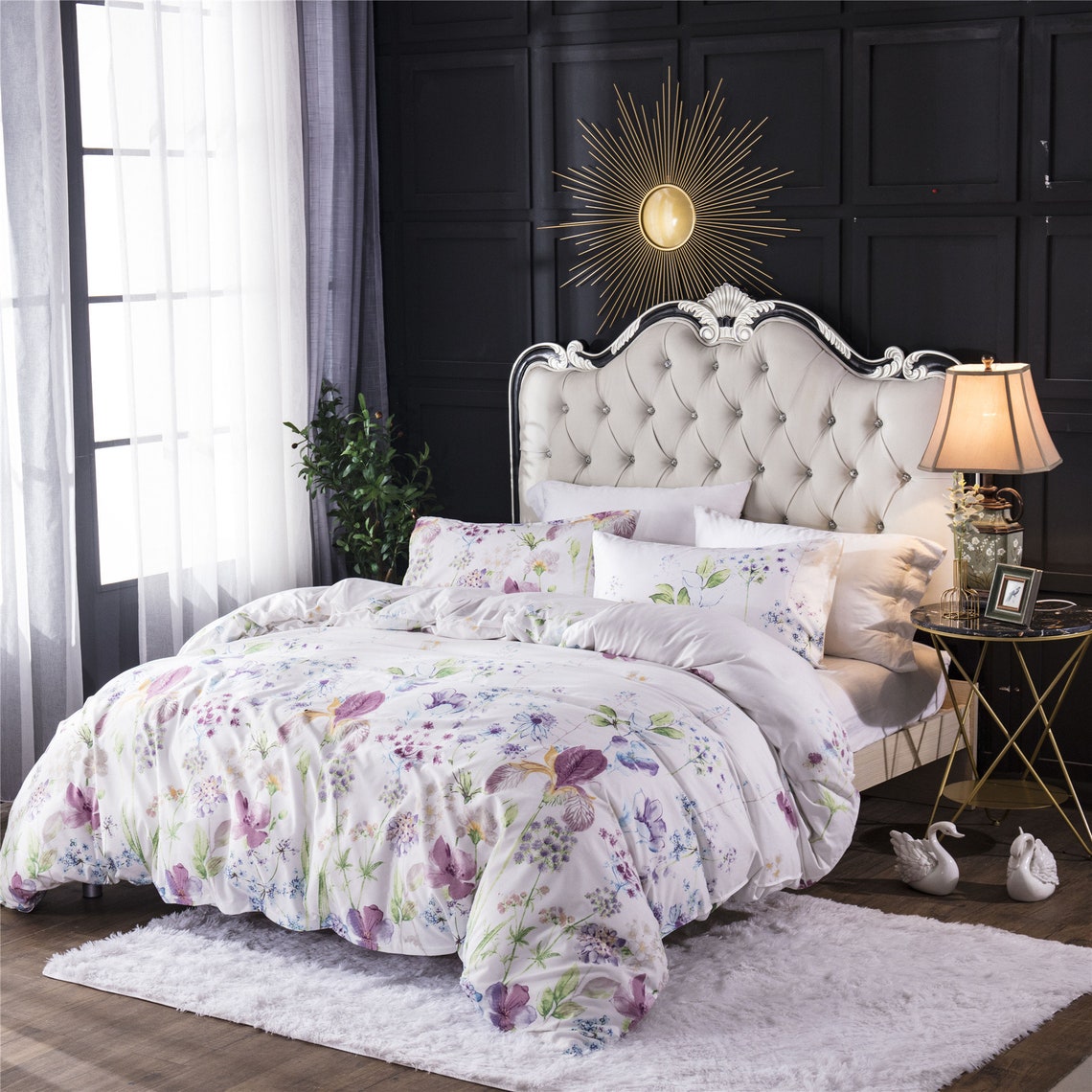 Lilac Flowers Duvet Set White Floral Duvet Cover with 2 Etsy