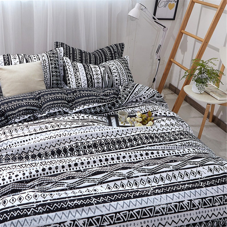 Bohemian Stripes Duvet Cover Set Black and White Quilt Etsy