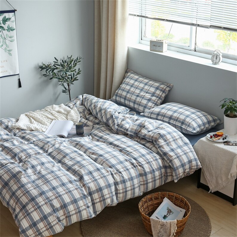Blue Gingham Bedding Sets Soft Cotton Duvet Coverpillow Cases Etsy