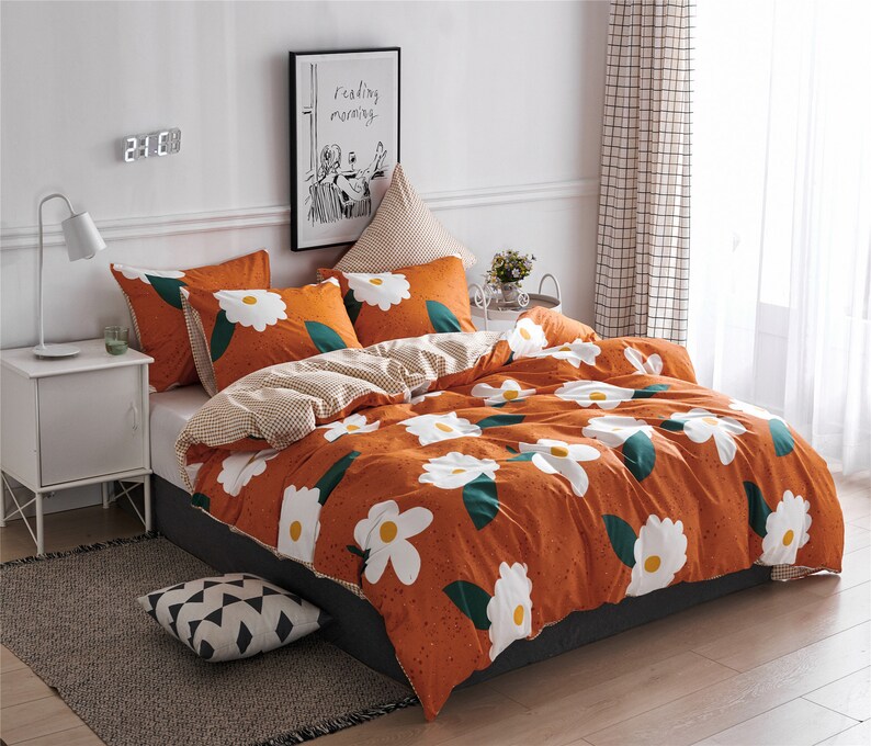 Bright Orange Duvet Cover Set With White Flowers 100 Cotton Etsy