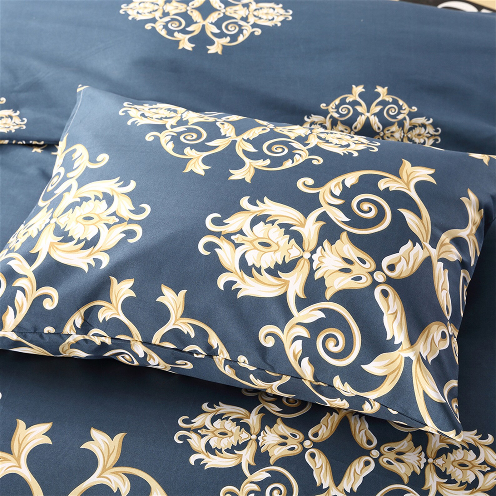 Dark Blue Duvet Cover Set Paisley Gold Leaves Pattern Warm Etsy