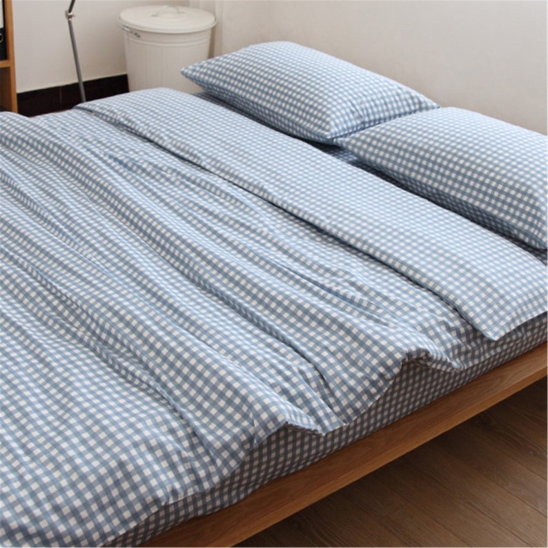 Light Blue Plaid Soft Bedding Sets 100 Cotton Concise Style Etsy