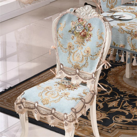 Elegant Light Blue Tassel Table Cloth Chair Cover Floral 