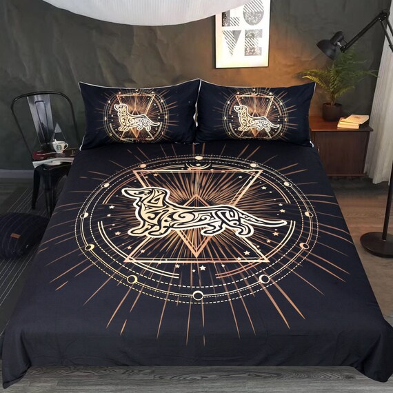 Indian Gold Stamping Dachshund Duvet Cover Set Black Gold Etsy