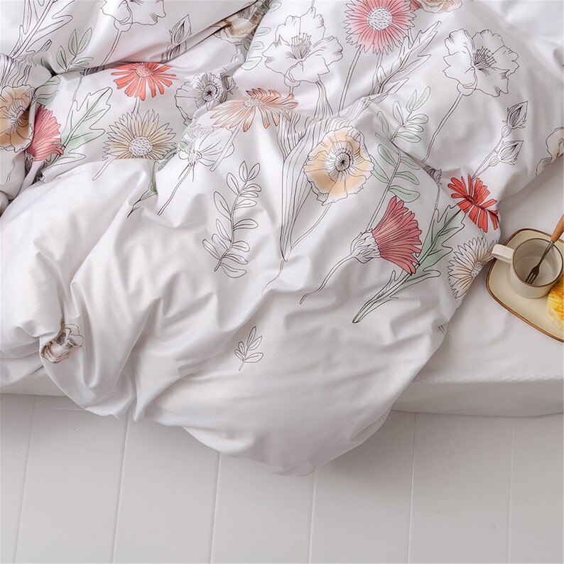Fresh Flowers Leaves Duvet Set White Duvet Cover Autumn Etsy