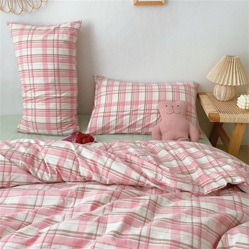 Strawberry Pink Gingham Bedding Sets Soft Washed Cotton Cozy Etsy