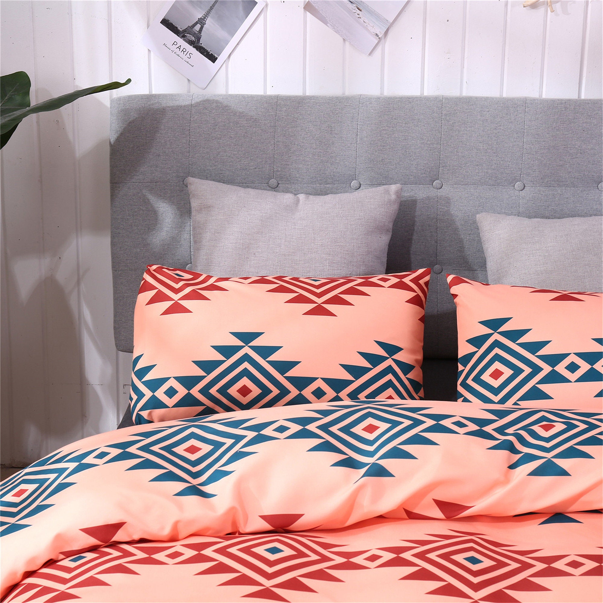 Pink Orange Bohemia Duvet Set Boho Holiday Duvet Cover Rhombus Etsy