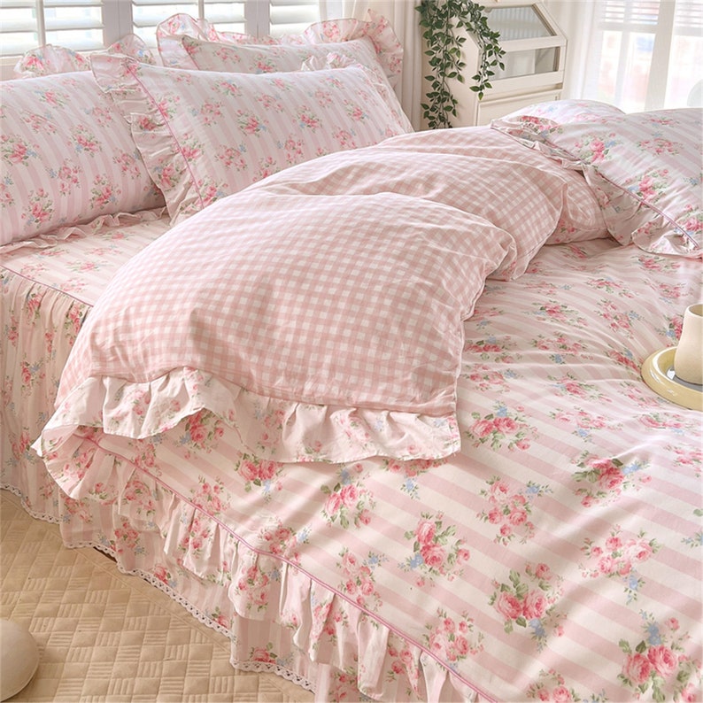 Pink Roses Duvet Cover Floral Ruffled Duvet Cover 100 Cotton Etsy