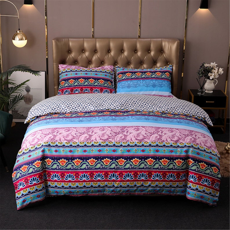 Boho Comforter Cover Lotus Quilt, Geometric Duvet Cover Queen Size