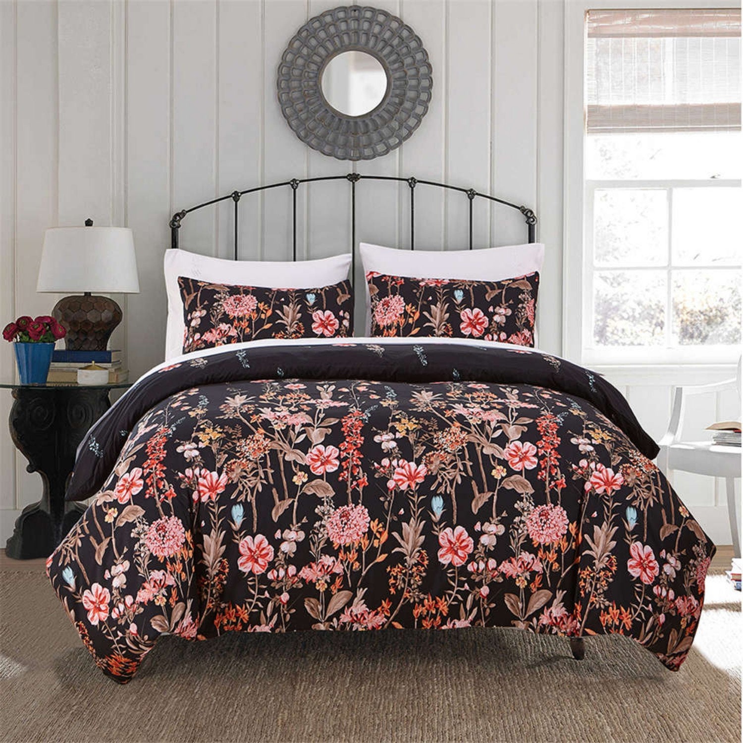 Black Pink Flowers Printing Duvet Cover Comfortable Holiday Etsy