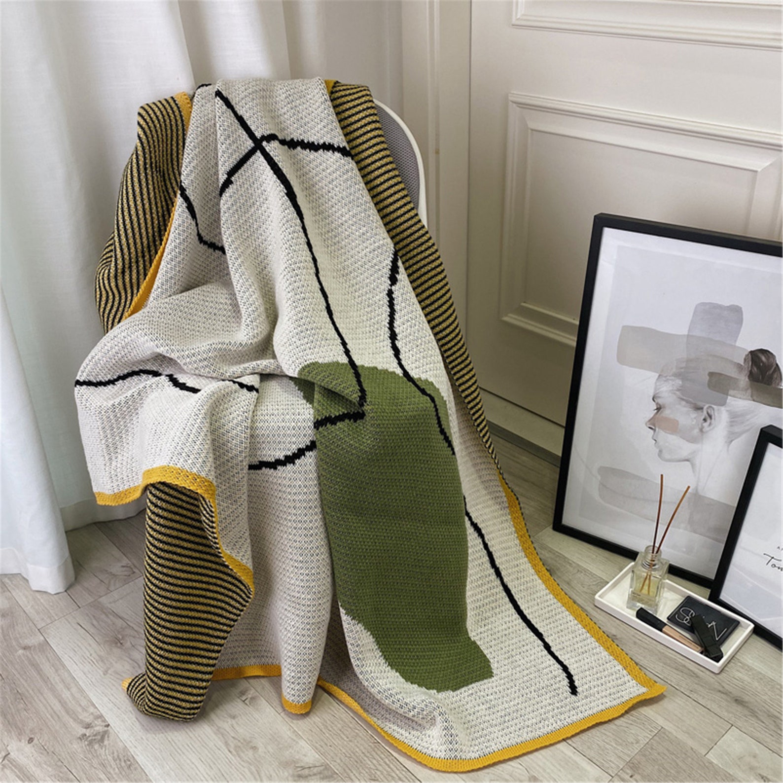 Knitted Blanket with Abstract Oil Painting Bedroom Throw Etsy