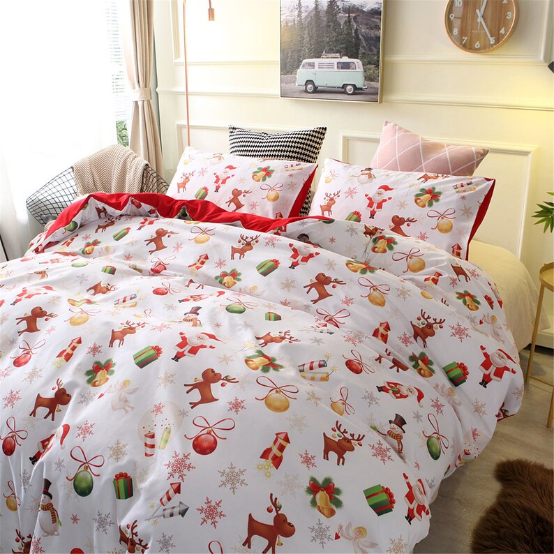 Cute Christmas Duvet Cover Set White Red Pillowcases Santa Etsy