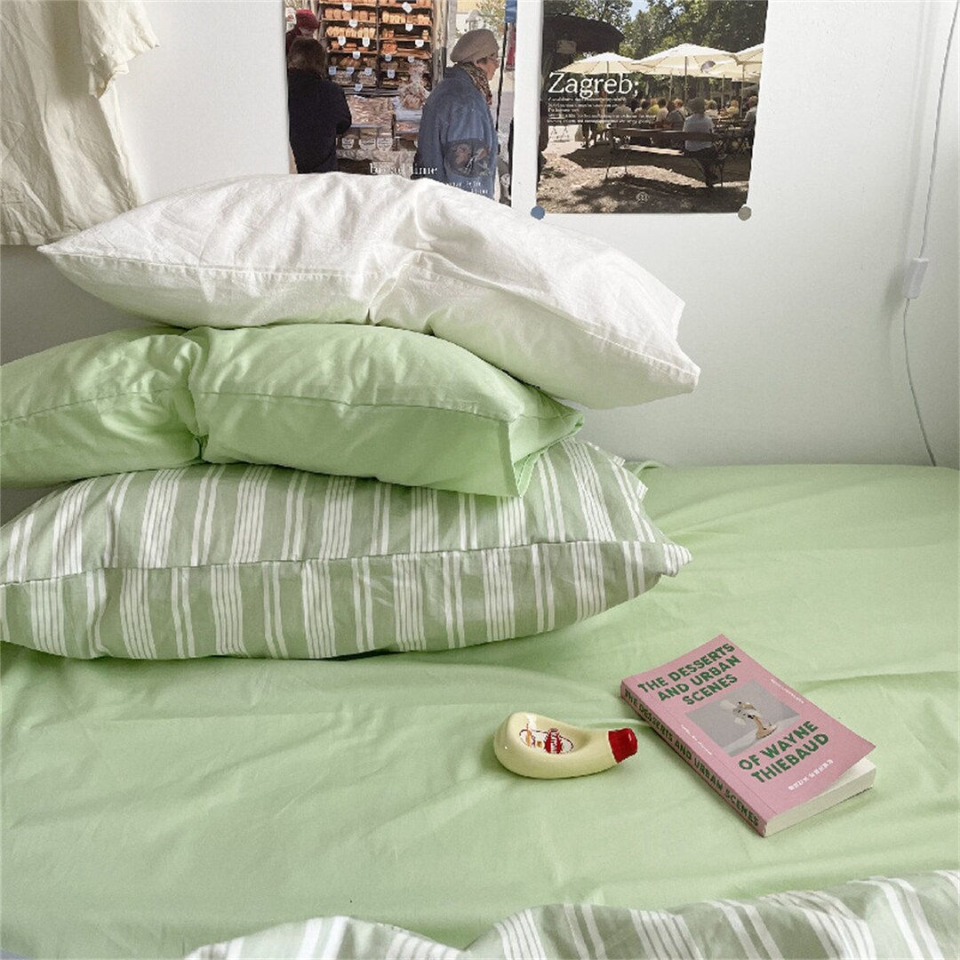 Bright Green Pillowcases 100 Cotton Striped/plain Green Etsy