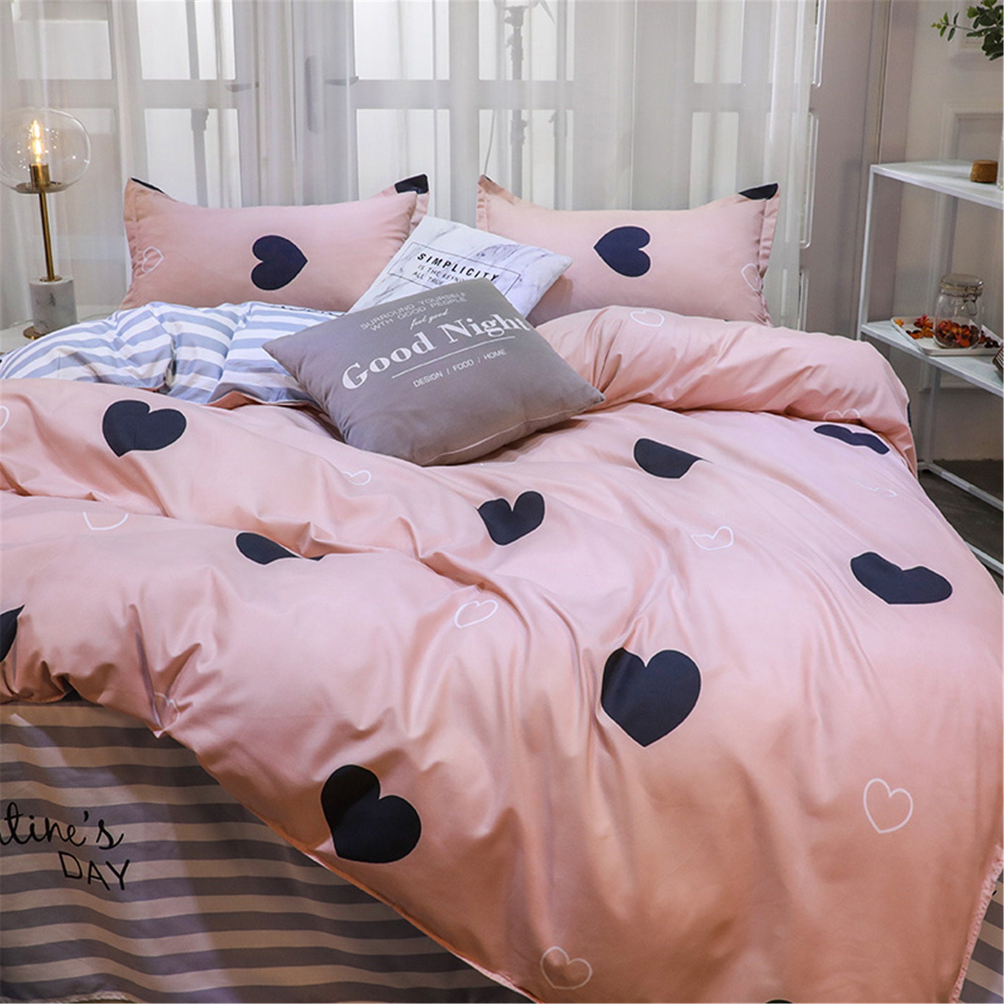 Love Heart Pink Duvet Cover Set Soft Summer Bedding Sets Cute Etsy