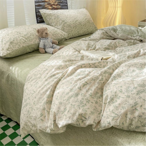 Light Sage Green Duvet Cover Grassy Floral Duvet Covers 100 Etsy