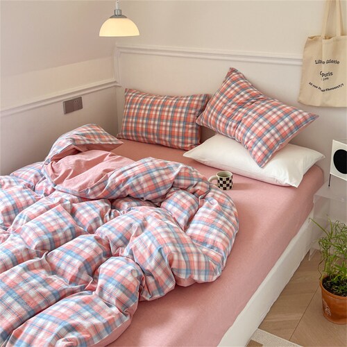 100 Cotton Blush Pink Gingham Bedding Set Simple Plaid Duvet Etsy