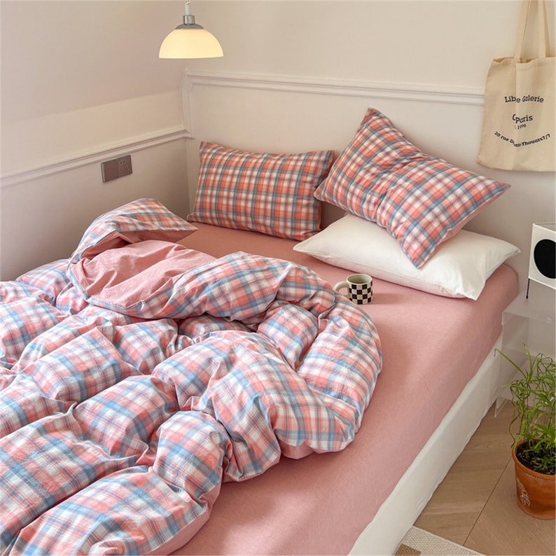 100 Cotton Lovely Gingham Bedding Set Pink&blue Plaid Duvet Etsy