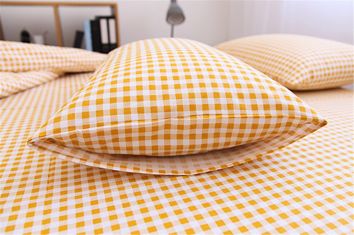 Yellow Plaid Soft Bedding Sets 100 Cotton Concise Style Duvet Etsy