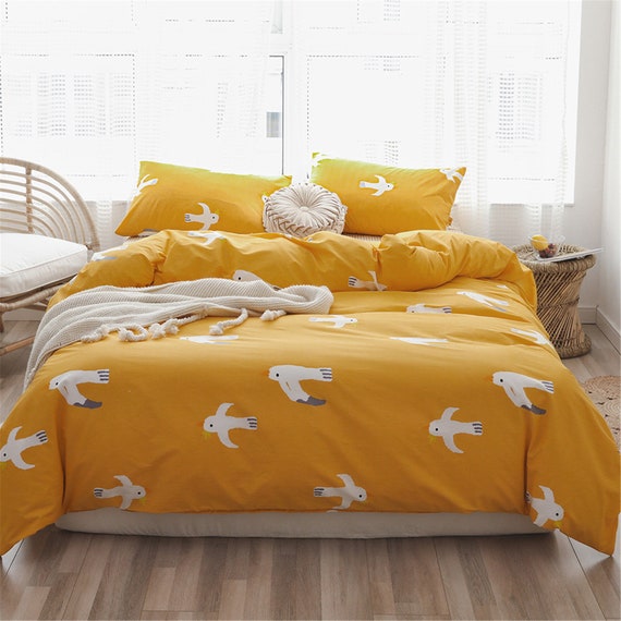 Yellow Duvet Cover Cartoon Birds Cotton Doona Cover Set Girls Etsy