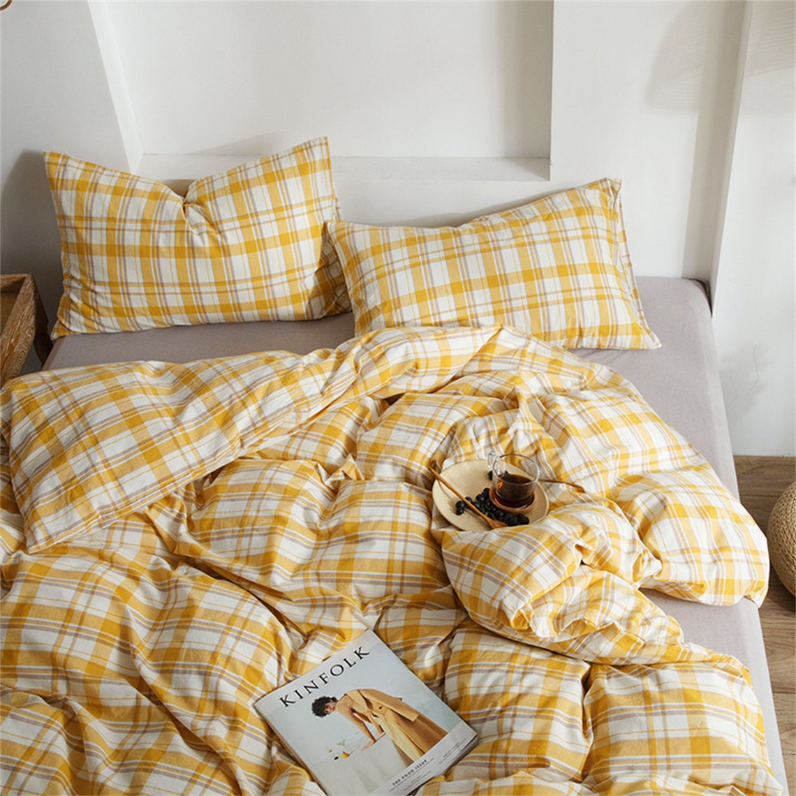 Mango Yellow Gingham Bedding Sets Soft Washed Cotton Cozy Etsy
