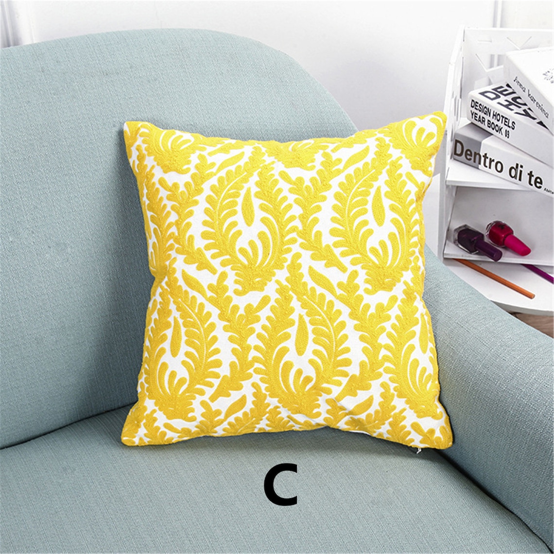 Bright Yellow Embroidery Throw Pillow Cover Indian Pillow Etsy