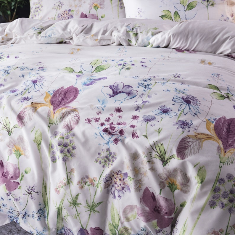 Lilac Flowers Duvet Set White Floral Duvet Cover With 2 Etsy
