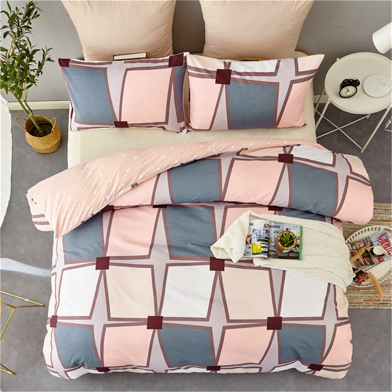 Pink Geometric Diamond Duvet Cover Set Brightly Colored Warm Etsy