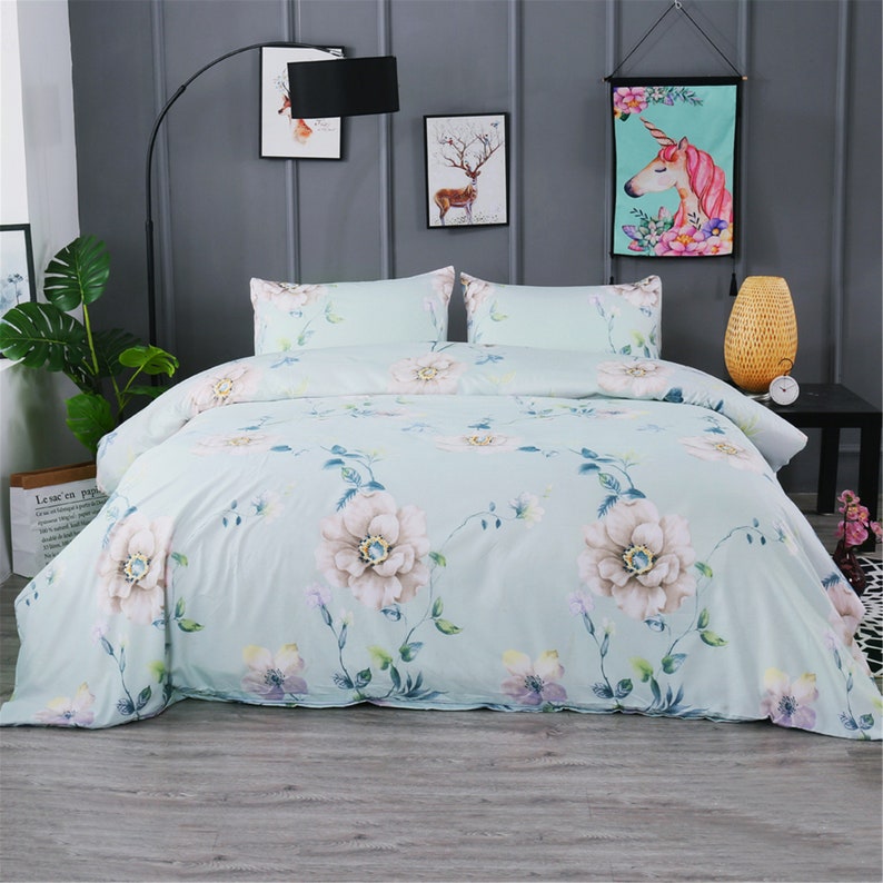Baby Blue Duvet Cover Set Elegant Comforter Cover Floral Dorm Etsy
