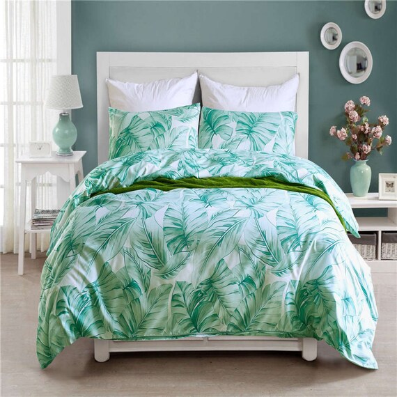 Tropical Plants Printing Duvet Cover Bohe Green Leaves Quilt Etsy