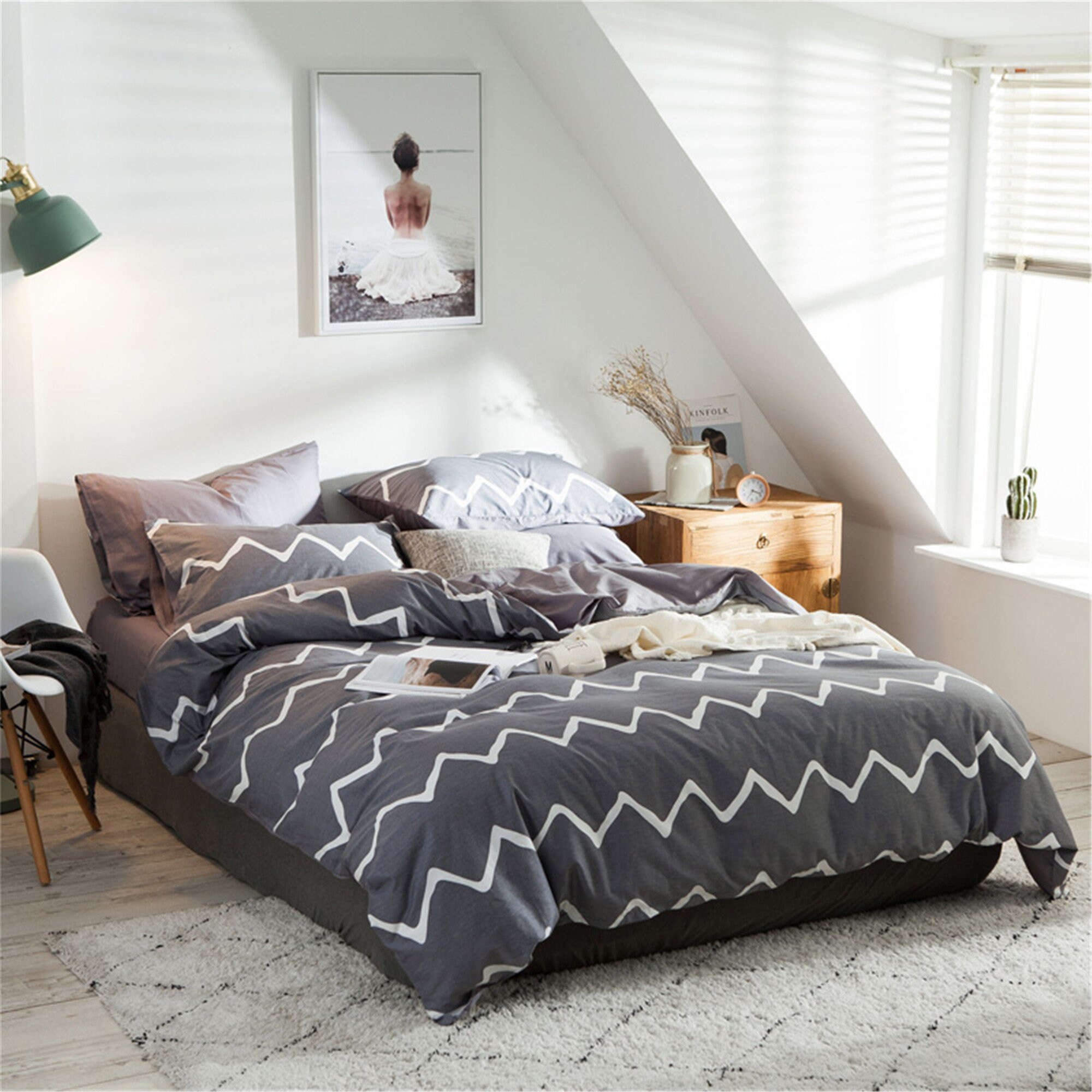 Gray Cotton Duvet Cover Set Chevron Comfortable 100 Cotton Etsy