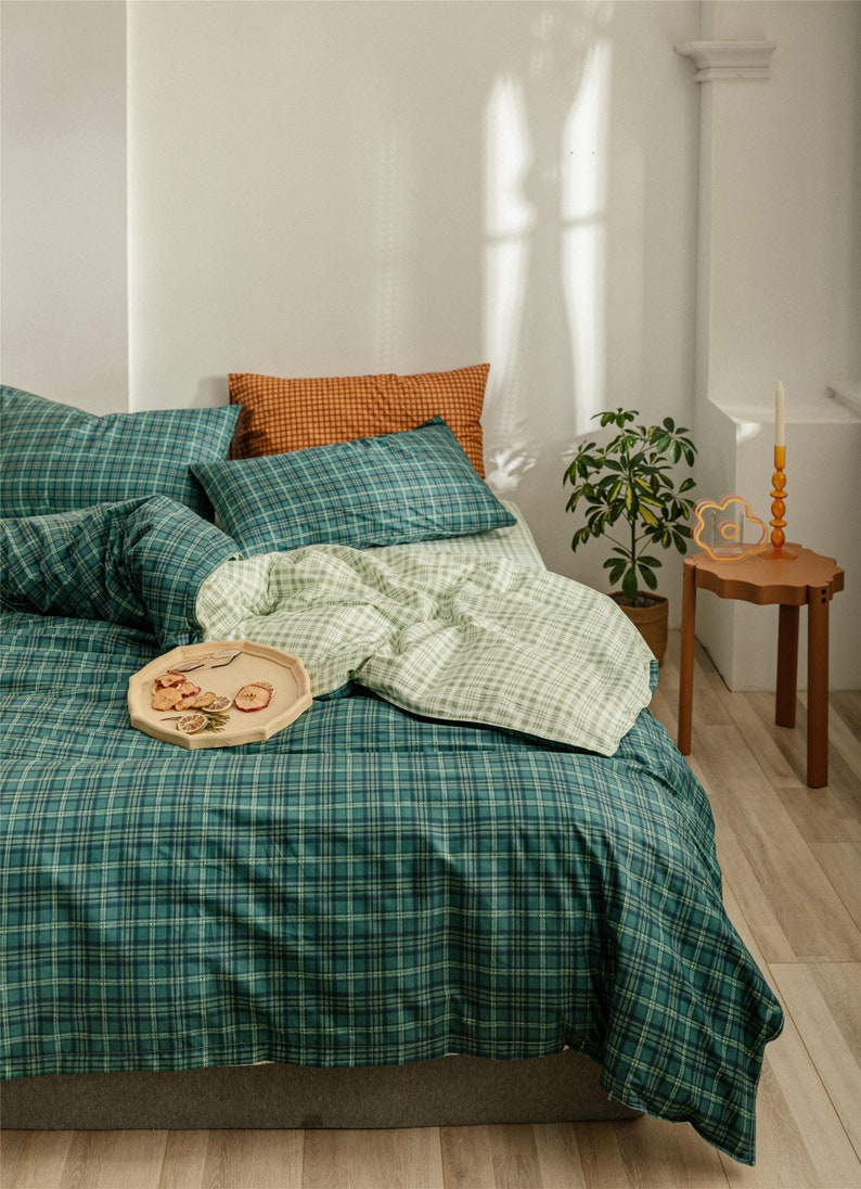 Dark Green Lattice Duvet Cover Set 100 Cotton Comforter Cover Etsy