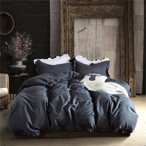 Senior Black Gray Ruffled Duvet Cover Comfortable Lotus Edge Etsy