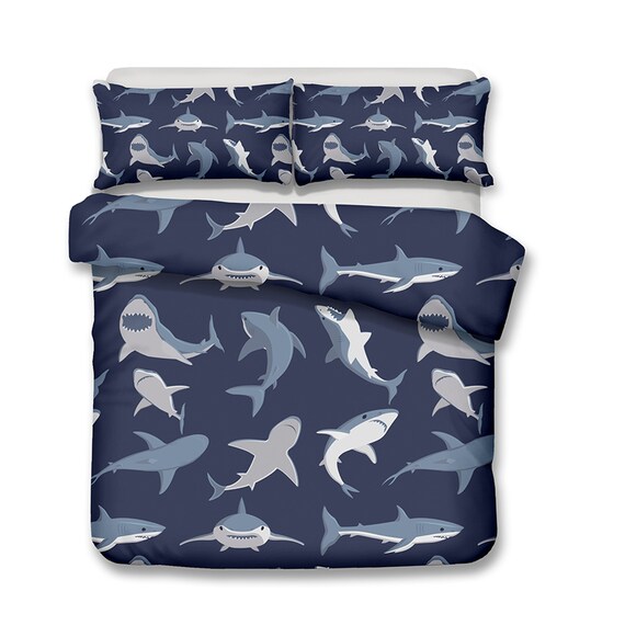 Deep Blue Gray Shark Duvet Cover Kids Cute Cartoon Comforter Etsy