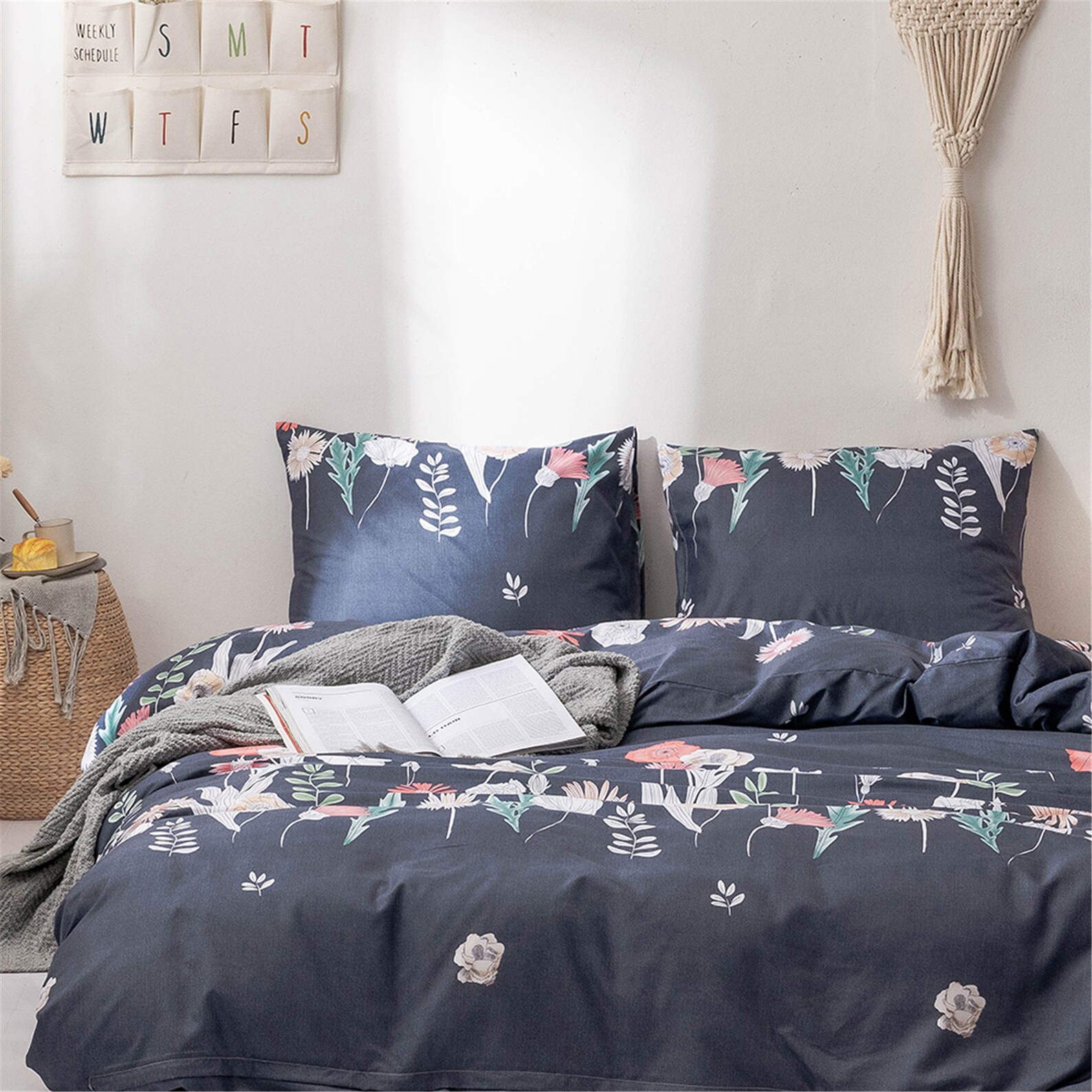Fresh Flowers Leaves Duvet Set Navy Blue Duvet Cover Autumn Etsy