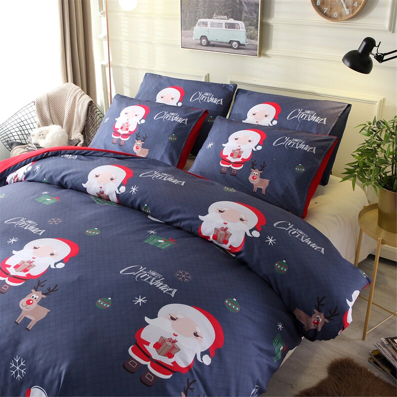 Navy Blue Christmas Duvet Cover Set Pillowcases Santa Claus Etsy