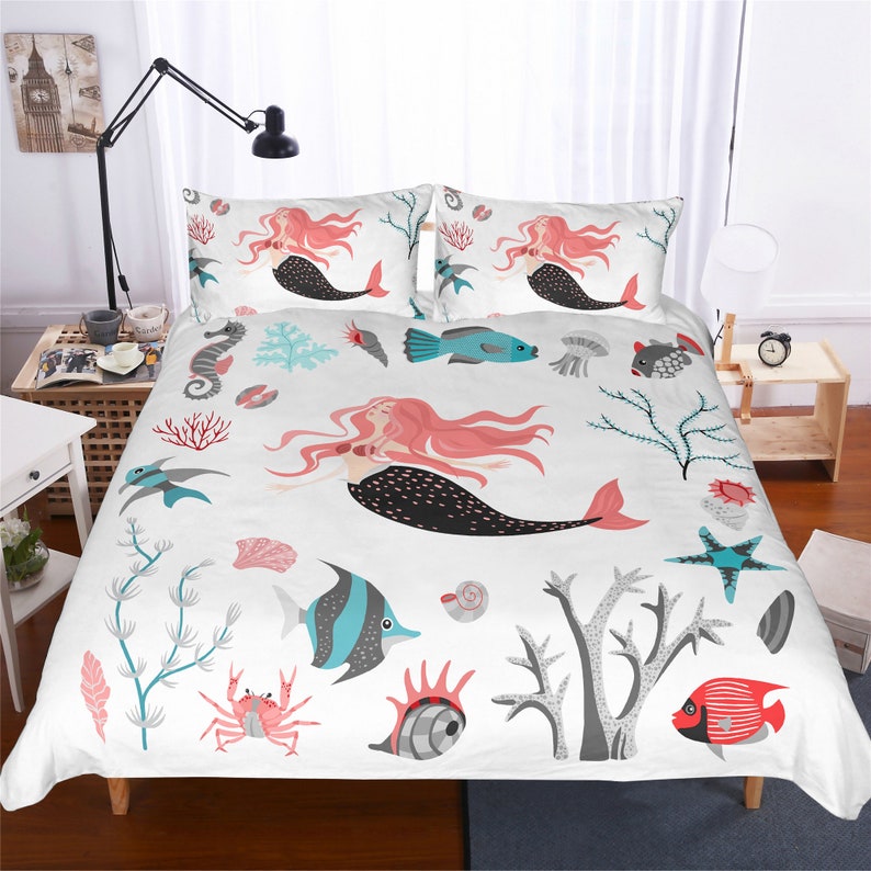 Cute Sea World Mermaid Duvet Cover Set Mermaid Quilt Comforter Cover Blue Kids Duvet Cover Twin Full Children/'s Bedding Sets Gift