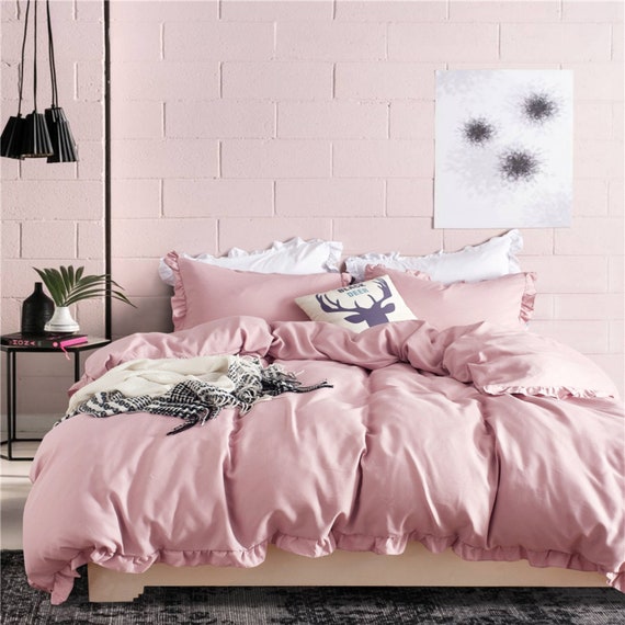 Misty Pink Ruffled Duvet Cover Comfortable Lotus Edge Design Etsy