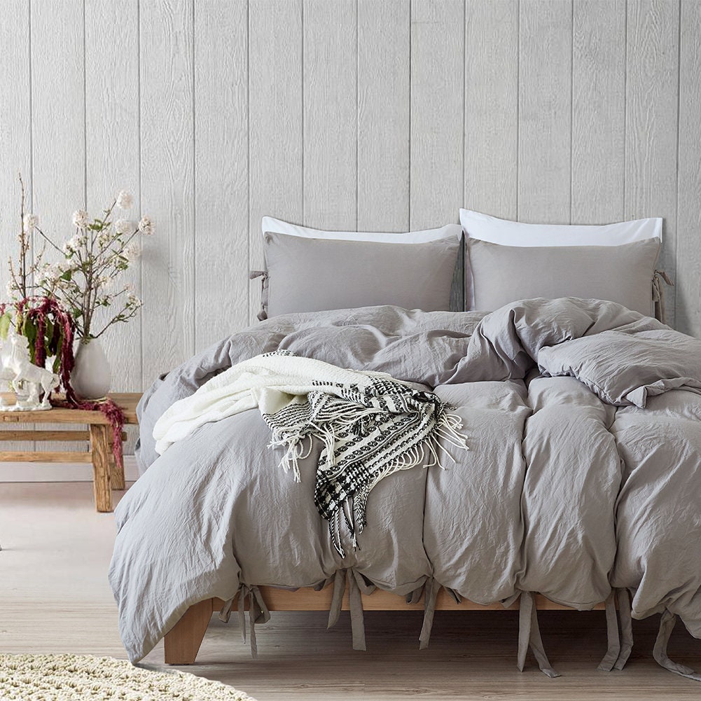 Pale Gray Duvet Cover Set Washed Cotton Comfortable Laceup Etsy