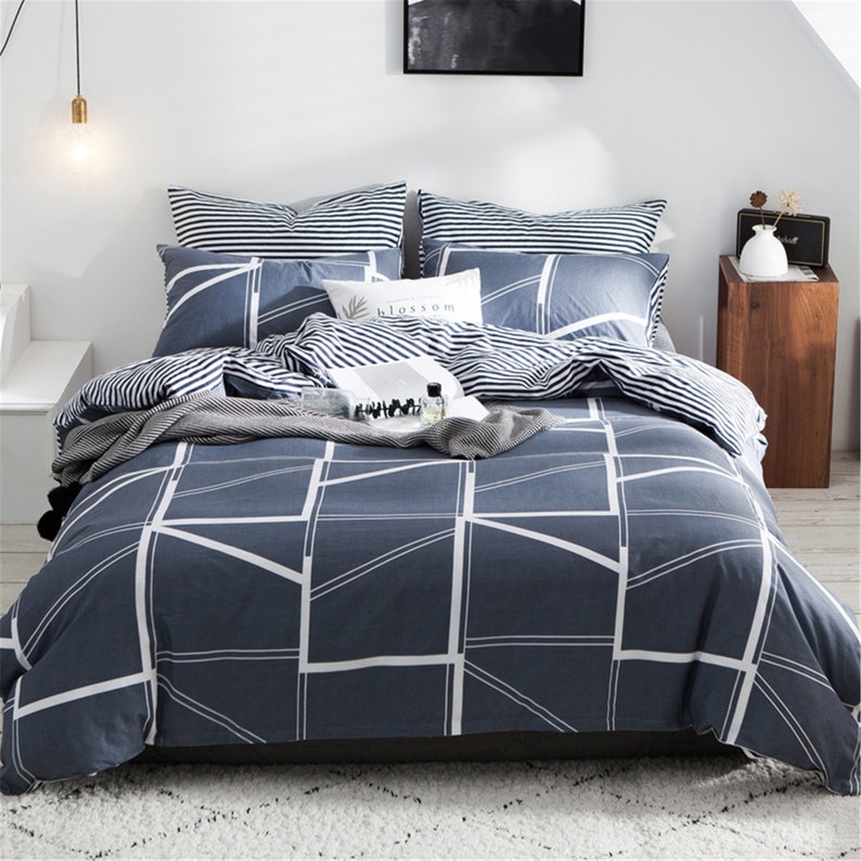 Navy Blue Reversible Quilt Cover Stripe 100 Cotton Duvet Etsy