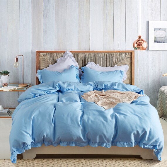 Sky Blue Solid Color Duvet Cover Comfortable Lotus Edge Design Etsy