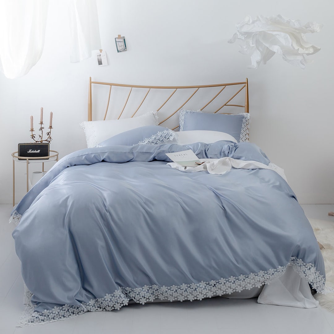 Highgrade Sky Blue Duvet Cover Soft Modal Lace Flowers Edge Etsy