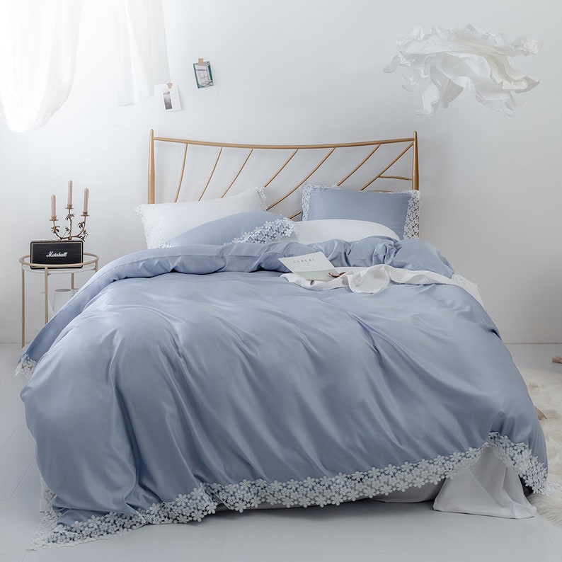 Highgrade Sky Blue Duvet Cover Soft Modal Lace Flowers Edge Etsy
