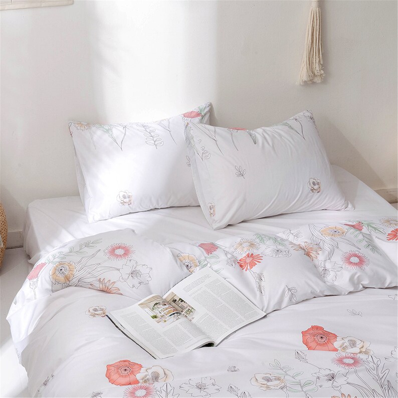 Fresh Flowers Leaves Duvet Set White Duvet Cover Autumn Etsy