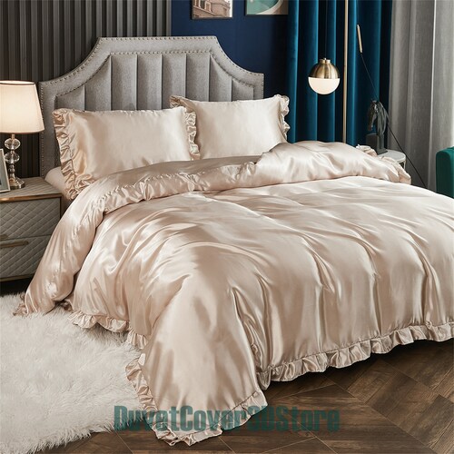 Ruffled Edge Light Khaki Glossy Duvet Cover with Pillowcase Silk-like Comforter Cover orders Bedding Set Soft Duvet Cover Twin Full Queen King UK
