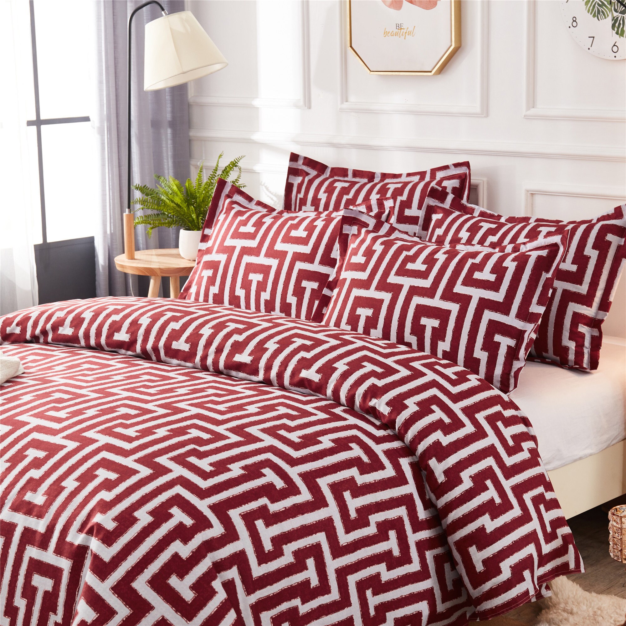 Burgundy Artistic Duvet Cover Maze Geometry Pattern Bedding Etsy