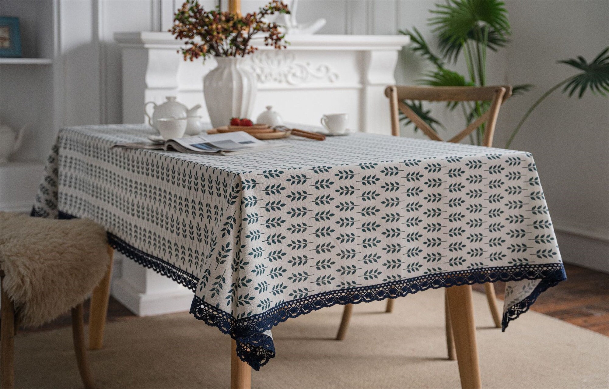 Boho Cotton Linen Fabric Tablecloth, Vintage Damask Dustproof